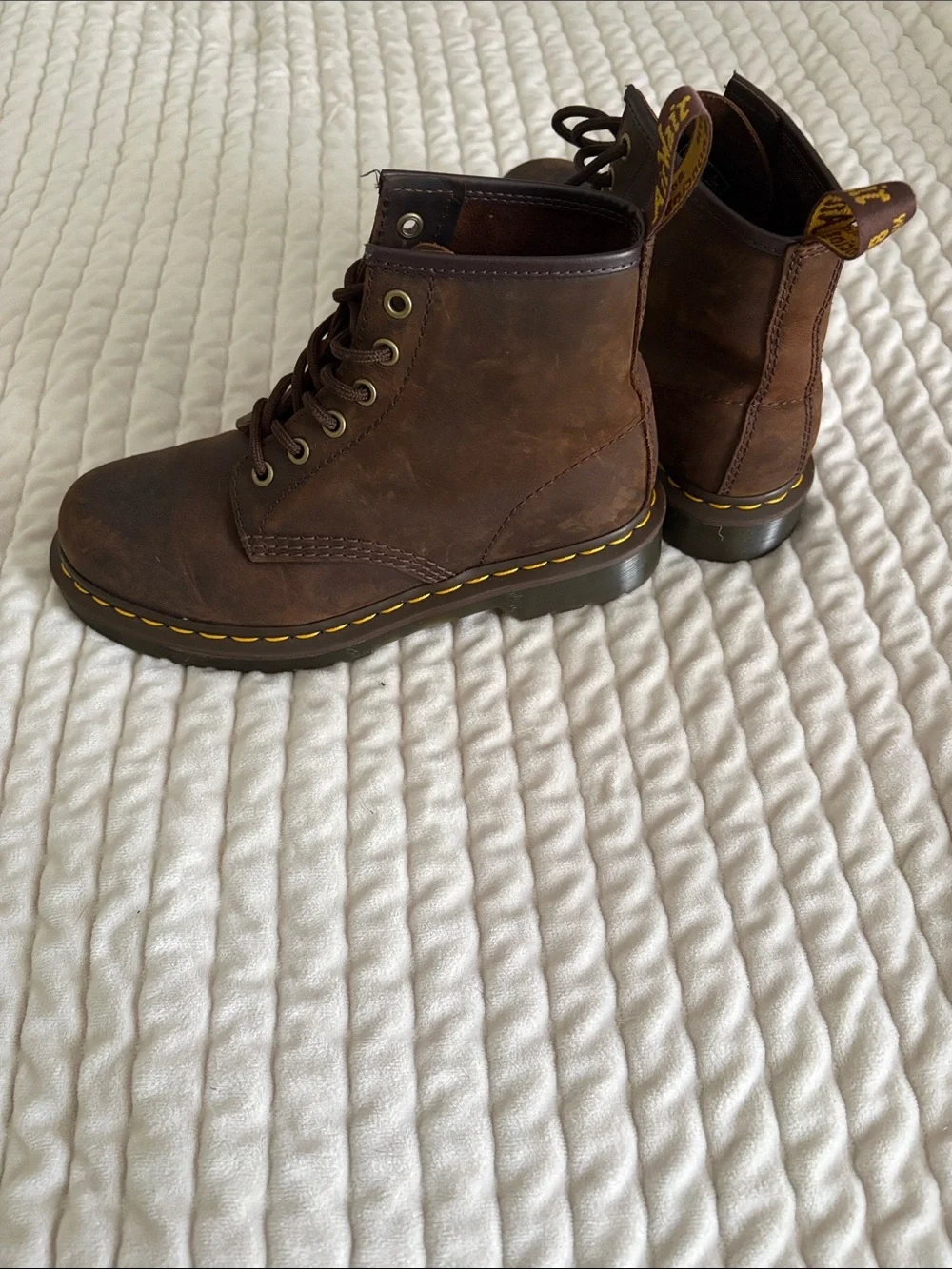 Dr. Martens Brown Leather Lace-Up Combat Boots with Yellow Stitching - Picture 3 of 4